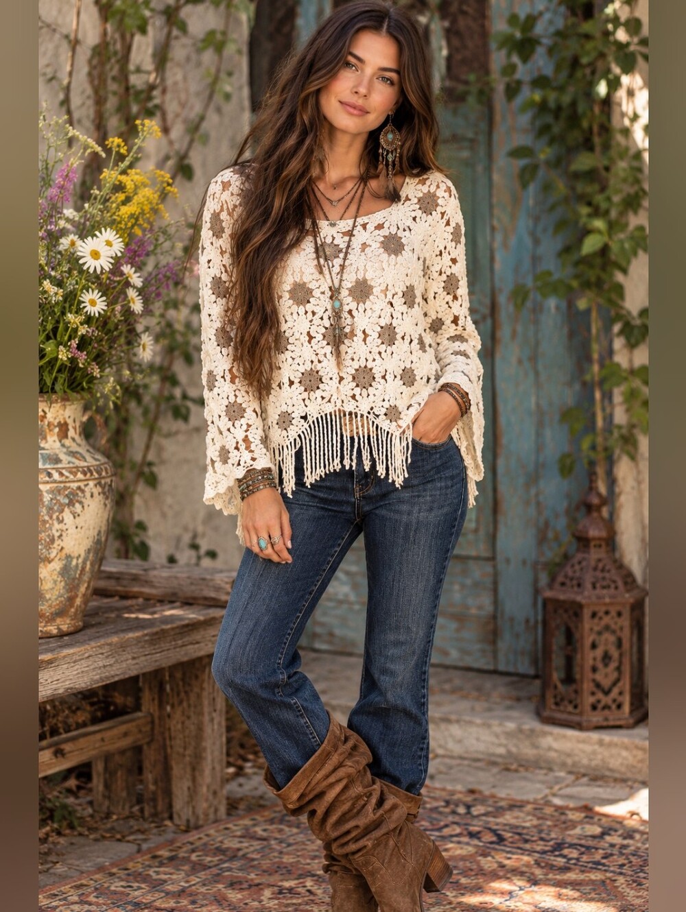 NWOT House Of Harlow 1960 Crochet Floral Fringe Sweater Boho-Chic Festival